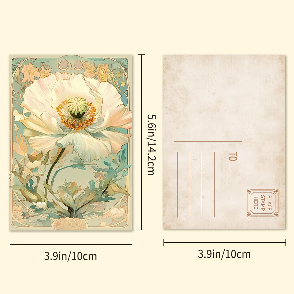 cartes postales art nouveau fleurs blanches vert clair beige enveloppe stylo vintage décoration murale