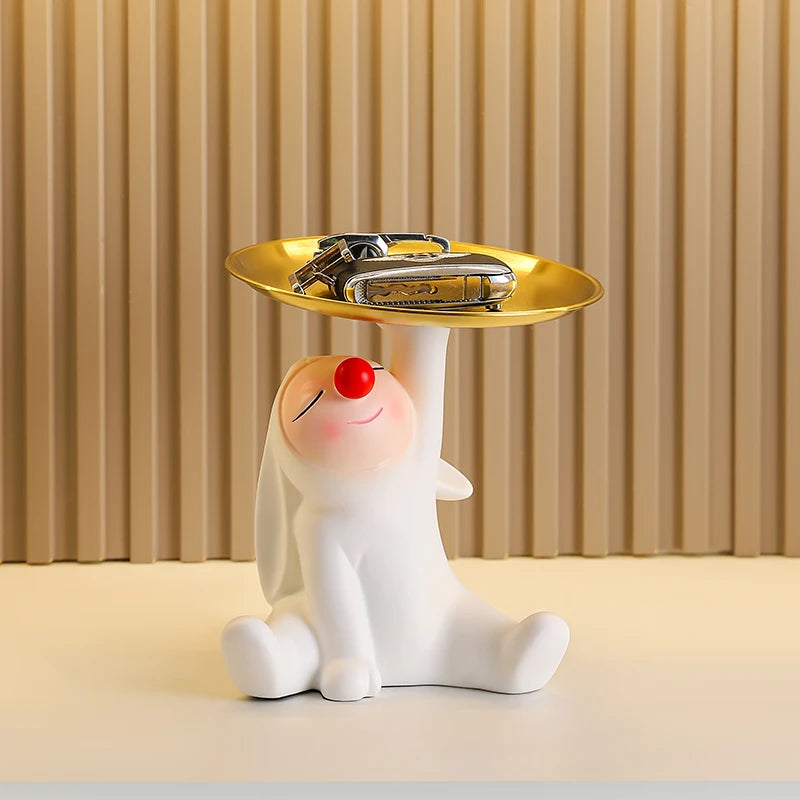 porte clés moderne figurine blanche oreilles tombantes plateau doré horloge digitale clé décoration table