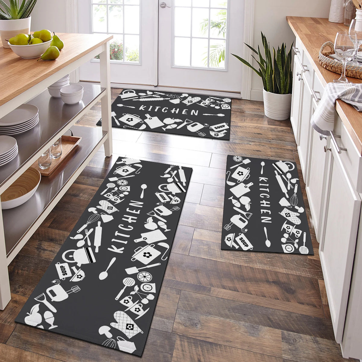 tapis cuisine antidérapant polyester marron bleu noir motif couverts moderneintérieurextérieurplage