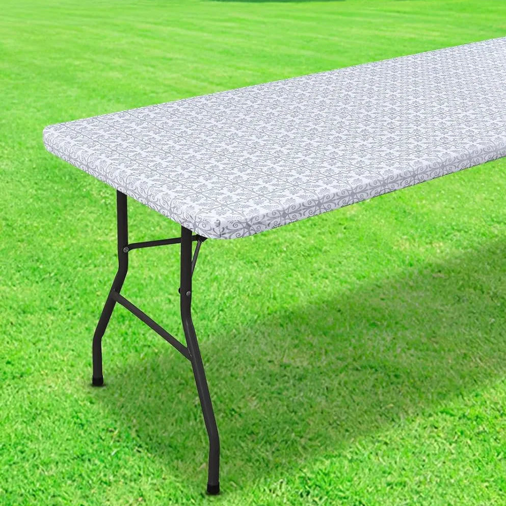nappe table rectangulaire motif floral gris blanc pvc réutilisable moderne élégante noël camping pique