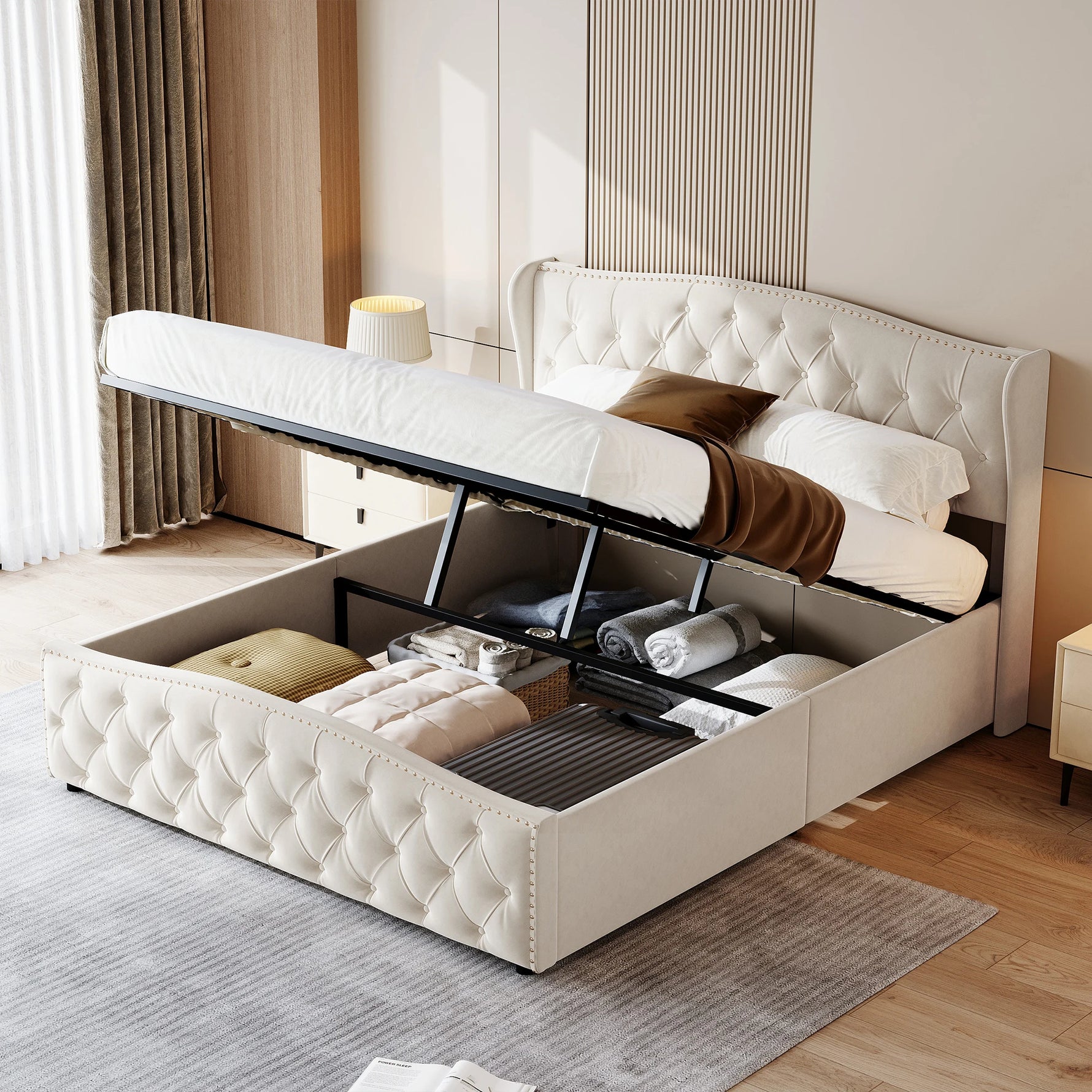 Tête de lit intégrée en velours beige