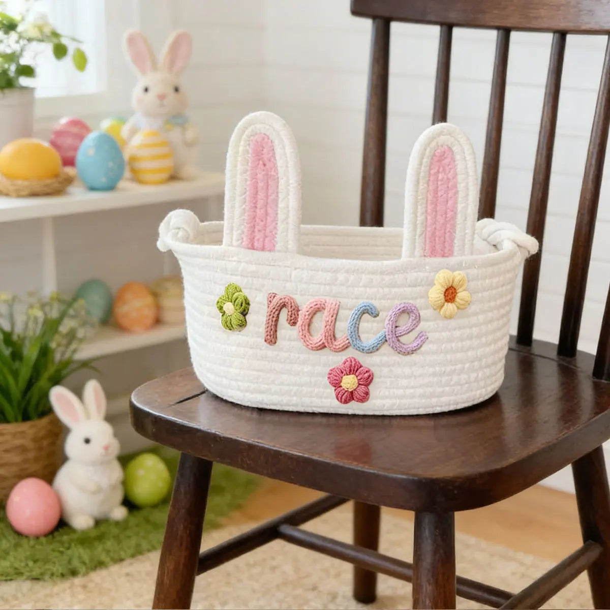 panier rangement tissu coton rose blanc bleu motif tresses décoratif enfant anneaux métalliques prénom
