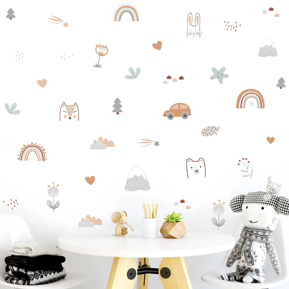 Stickers muraux animaux nuages arc ciel chambre enfant décoration bohème illustrative