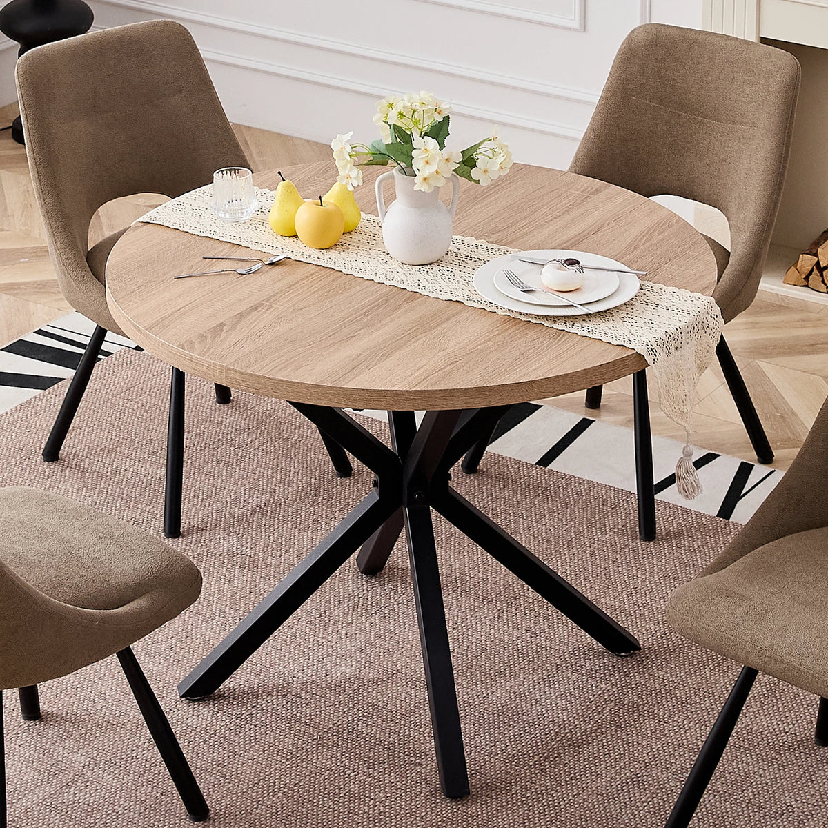 table ronde moderne bois naturel structure métallique noire chaises incluses diamètre 100cm hauteur 76.5cm