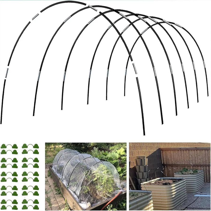 structures tunnel jardinage arceaux support plantes noir vert blanc transparent filets opaques clips verts