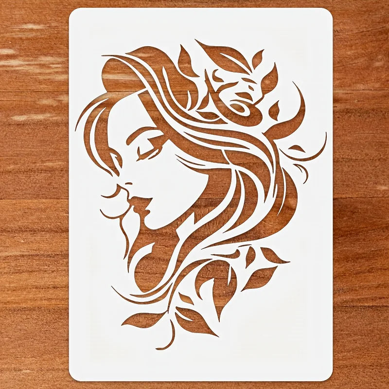 Stencil floral femme détaillée blanc brun clair art décor maison bricolage tissu mural