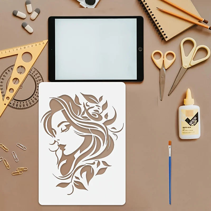 Stencil floral femme détaillée blanc brun clair art décor maison bricolage tissu mural