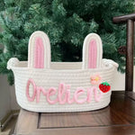panier rangement tissu coton rose blanc bleu motif tresses décoratif enfant anneaux métalliques prénom