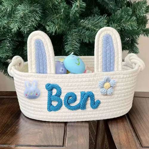 panier rangement tissu coton rose blanc bleu motif tresses décoratif enfant anneaux métalliques prénom