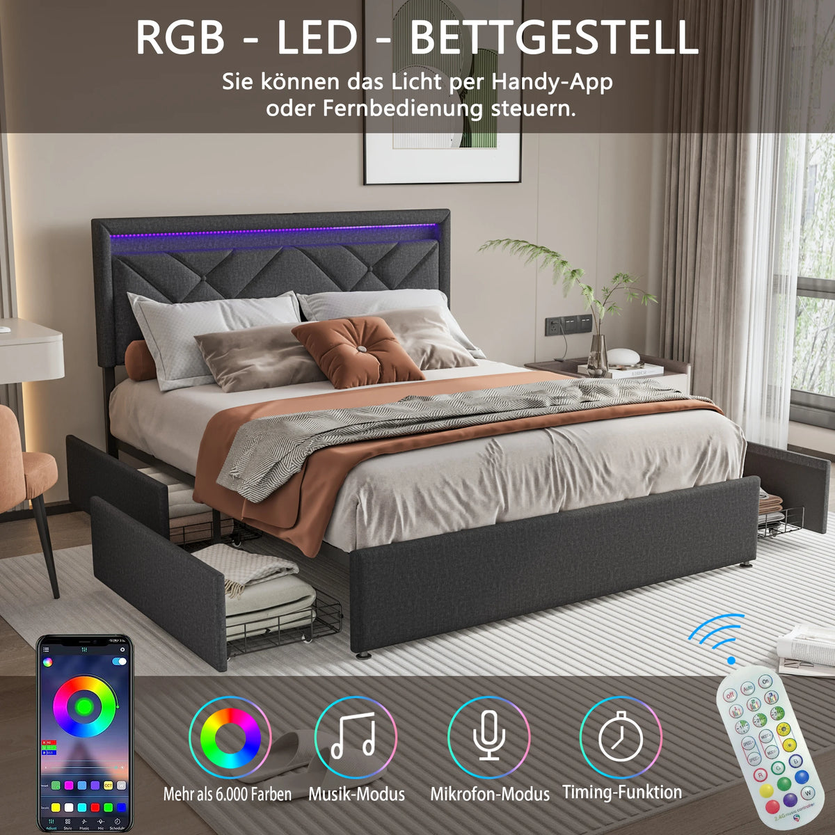 Détail des tiroirs de rangement intégrés sous le lit