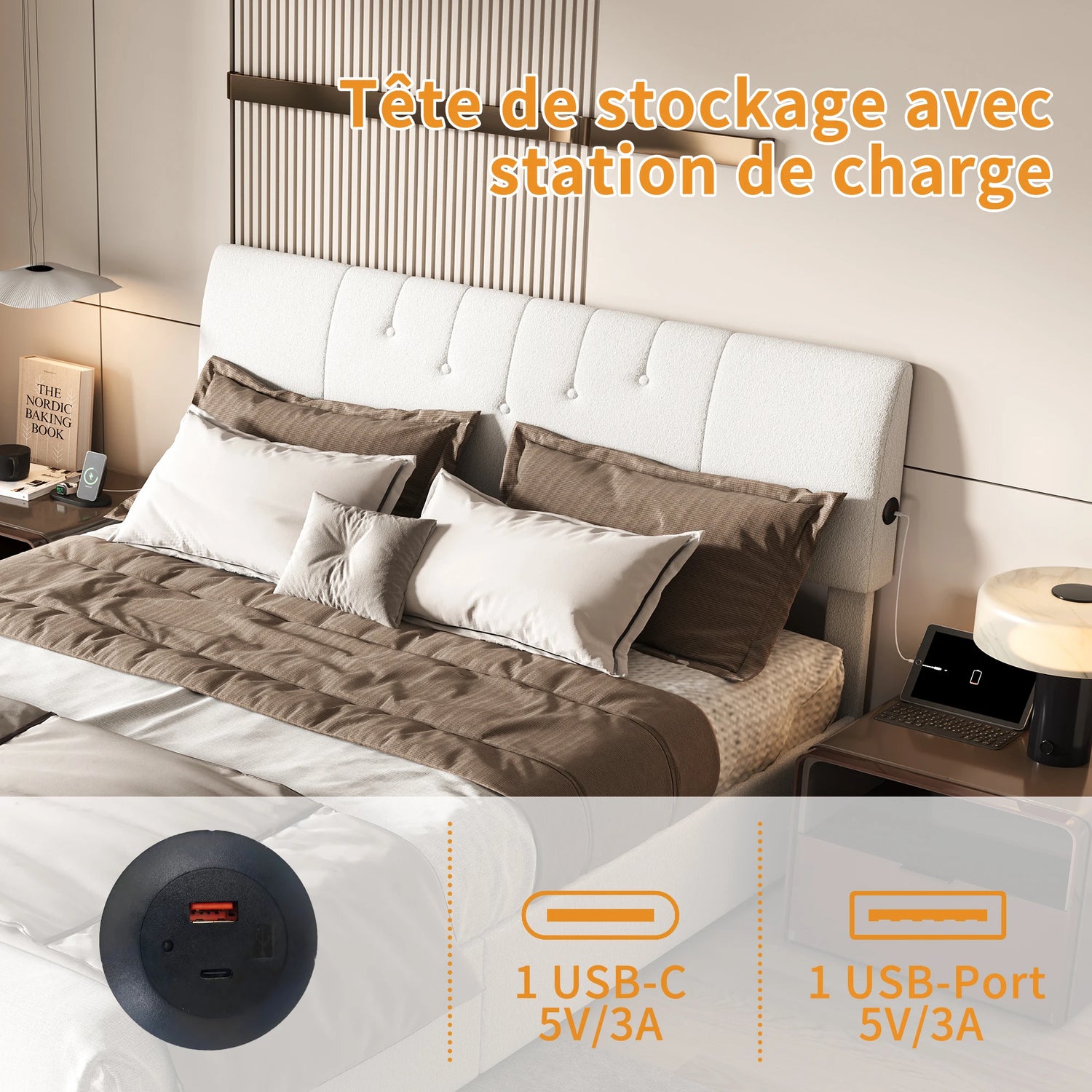Coffre de rangement sous le lit ouvert avec vérins à gaz