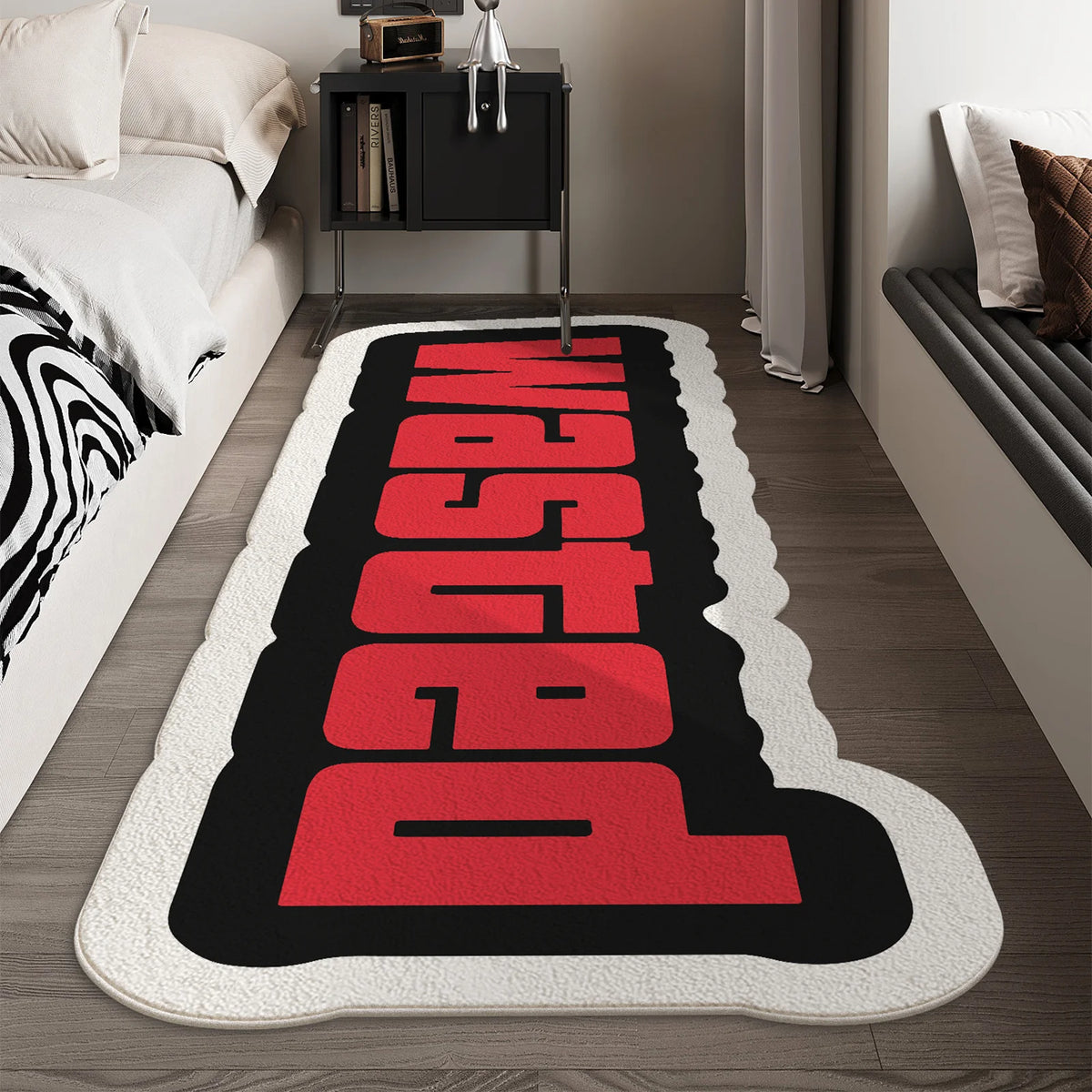 tapis lettres wasted blanc rouge bordure dentelée moderne intérieur porte