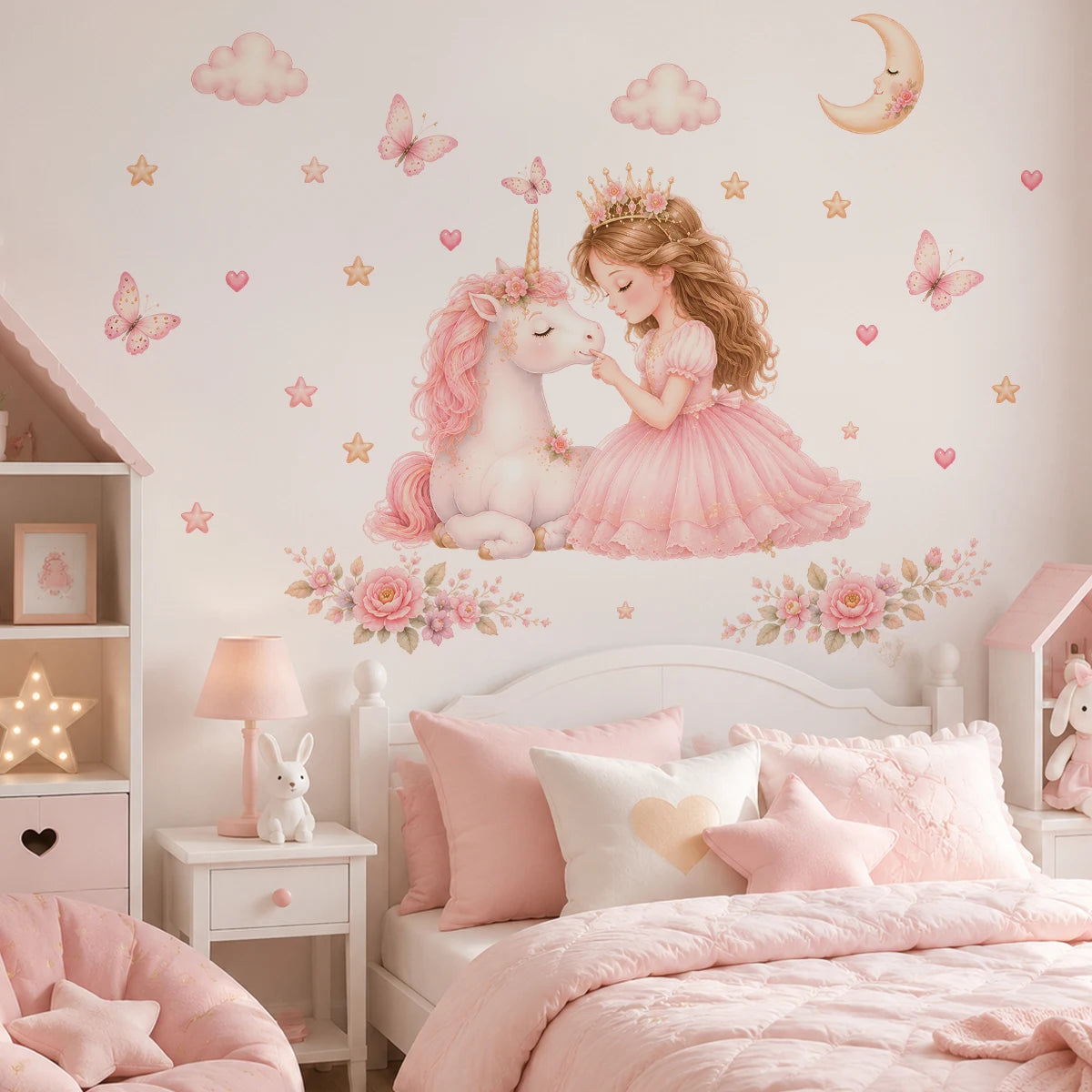 Stickers muraux princesse licorne rose blanc papillons coeurs fleurs nuages lune enfantin