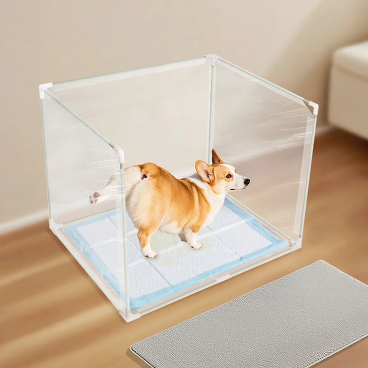 toilette portable chiens cage transparente noir clips tapis absorbant moderne fonctionnel