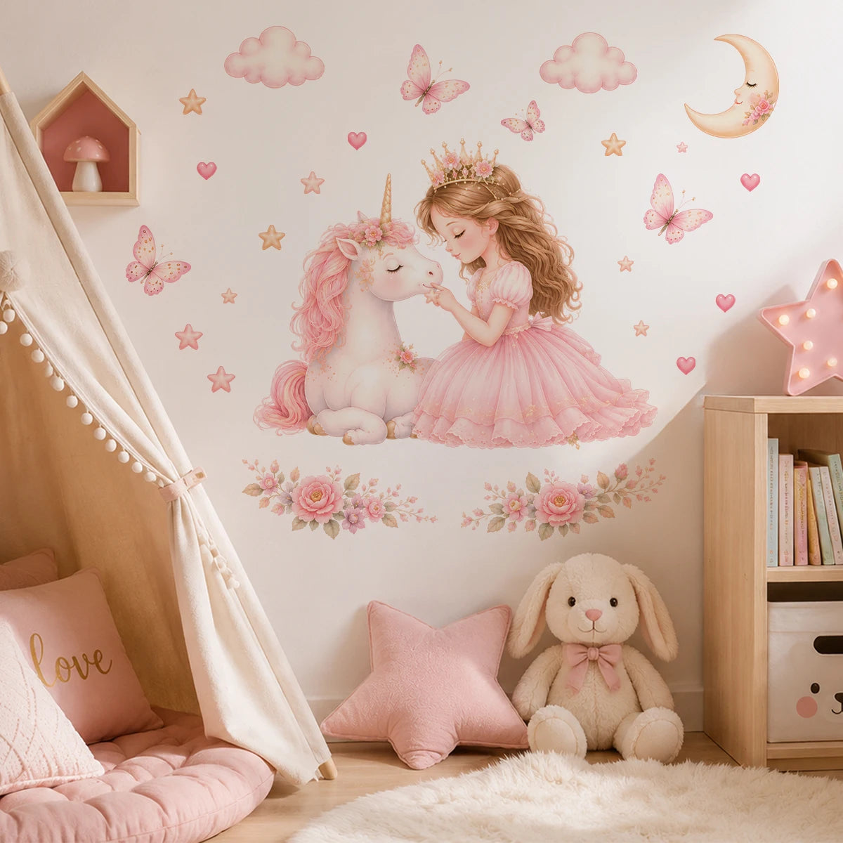 Stickers muraux princesse licorne rose blanc papillons coeurs fleurs nuages lune enfantin