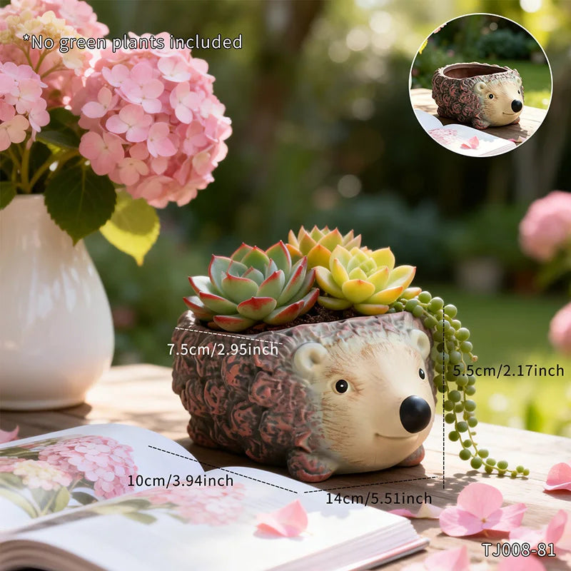 pots résine hérisson mignon succulentes fleurs sauvages pensées décoration maison balcon jardin