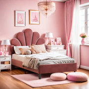 Lit enfant 90x200 avec tête de lit florale en velours rose - Chambre princesse