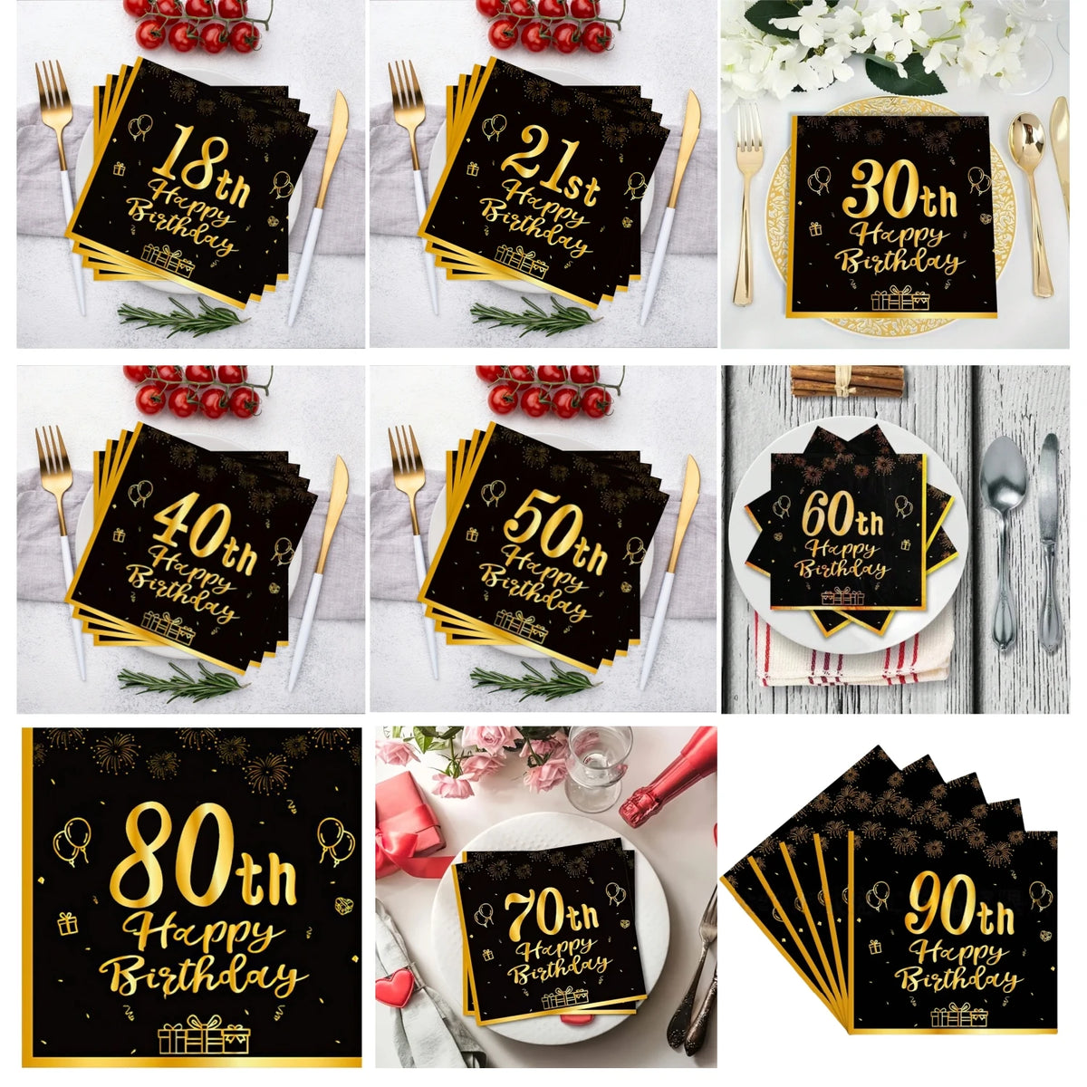 serviettes jetables anniversaire noires dorées ornementations élégantes fêtes confettis ballons cadeaux 20 pièces