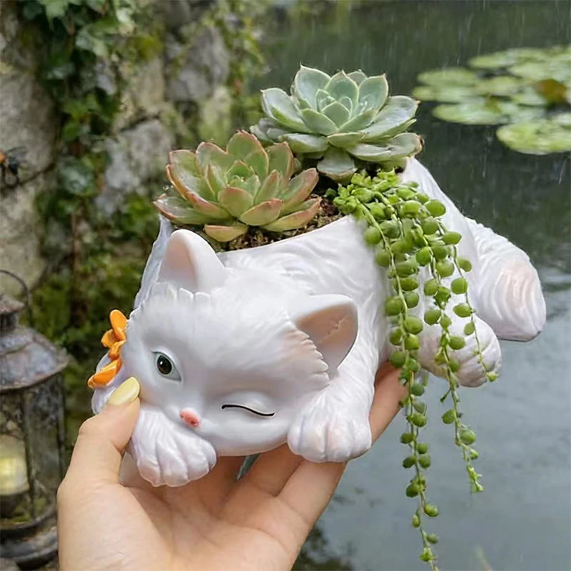 pot fleurs forme chat blanc vert nœud papillon succulentes diverses pierres décoratives jardinage mignon