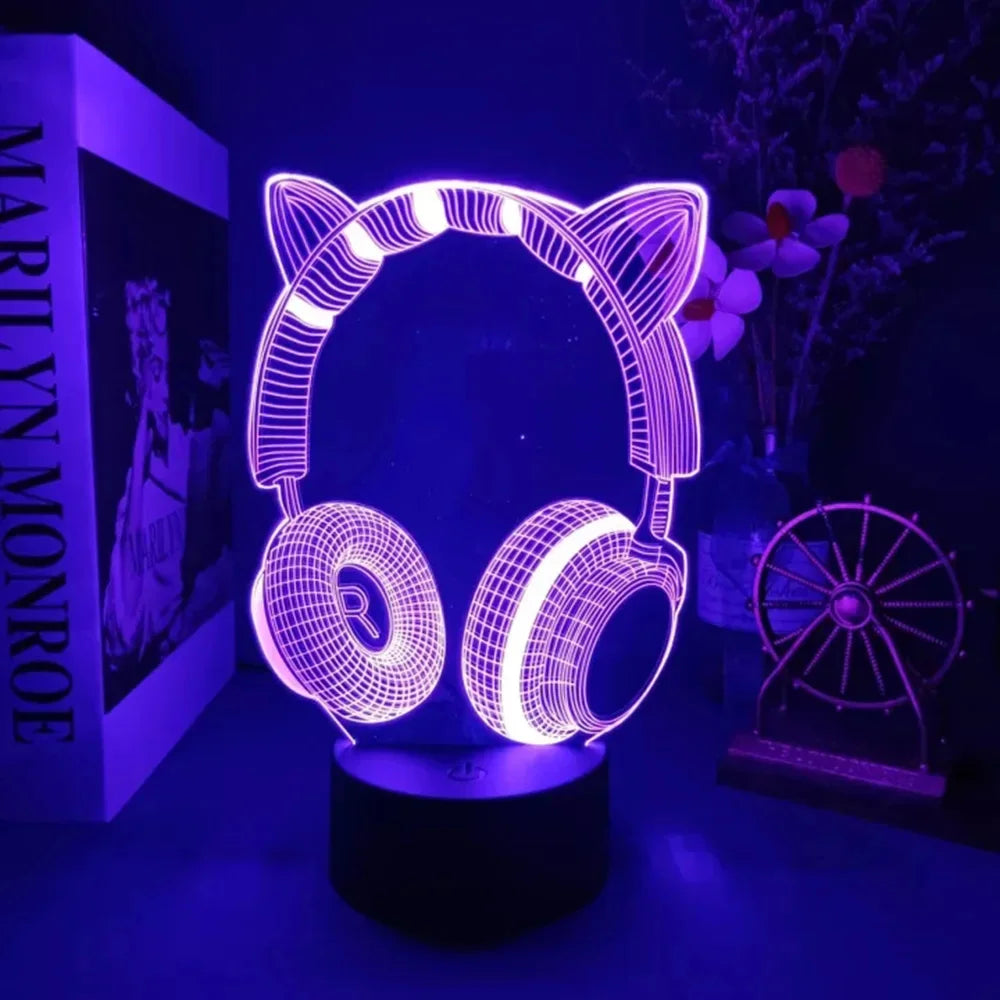 lampe led 3d casque audio oreilles chat veilleuse chambre enfant décoration lumineuse
