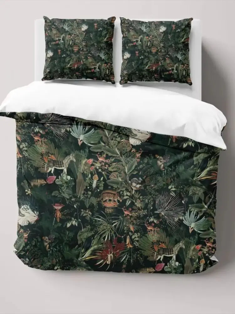 ensemble literie moderne feuilles fleurs oiseaux vert foncé noir blanc adultes enfants single double