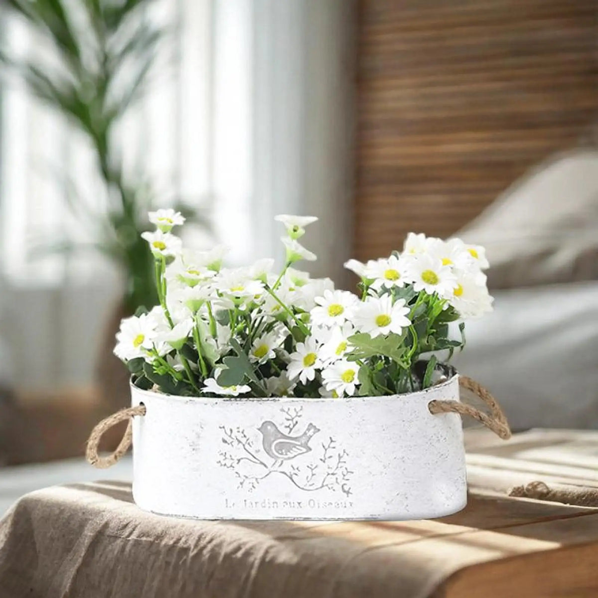 Pots fleurs jardinières rustiques vintage fer blanc marron anses corde naturelle succulentes plantes interieur