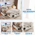 Vue des tiroirs de rangement intégrés sous le lit double