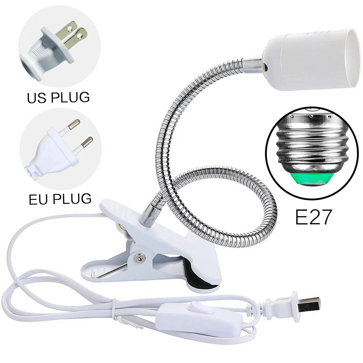 lampe pince flexible blanc moderne socle E27 interrupteur filaire prise US EU minimaliste