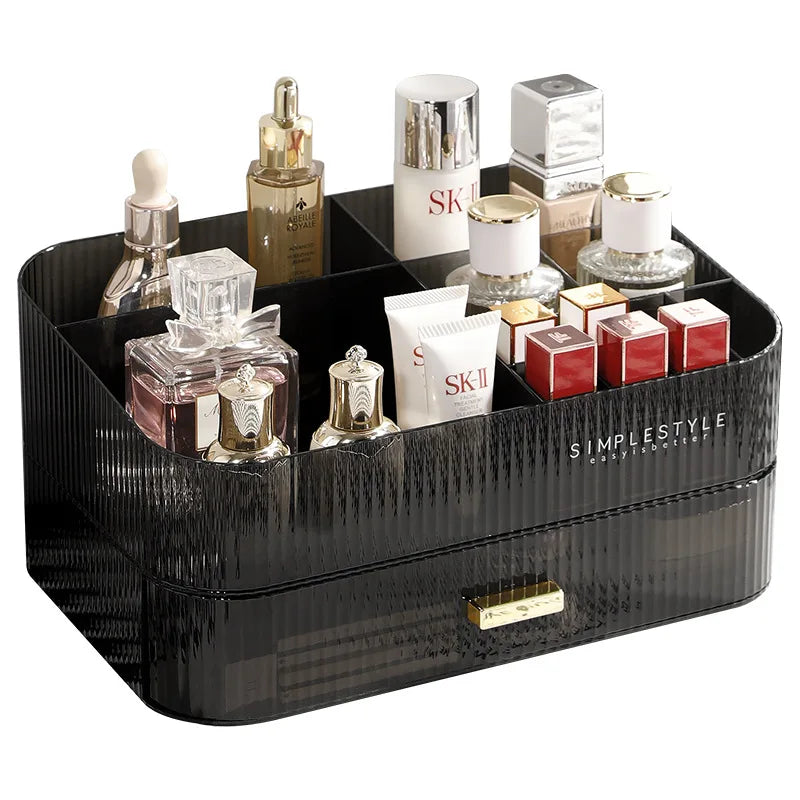 organisateur maquillage boîte rangement bijoux noir rayures moderne respectueux environnement cosmétiques flacon crème rouge