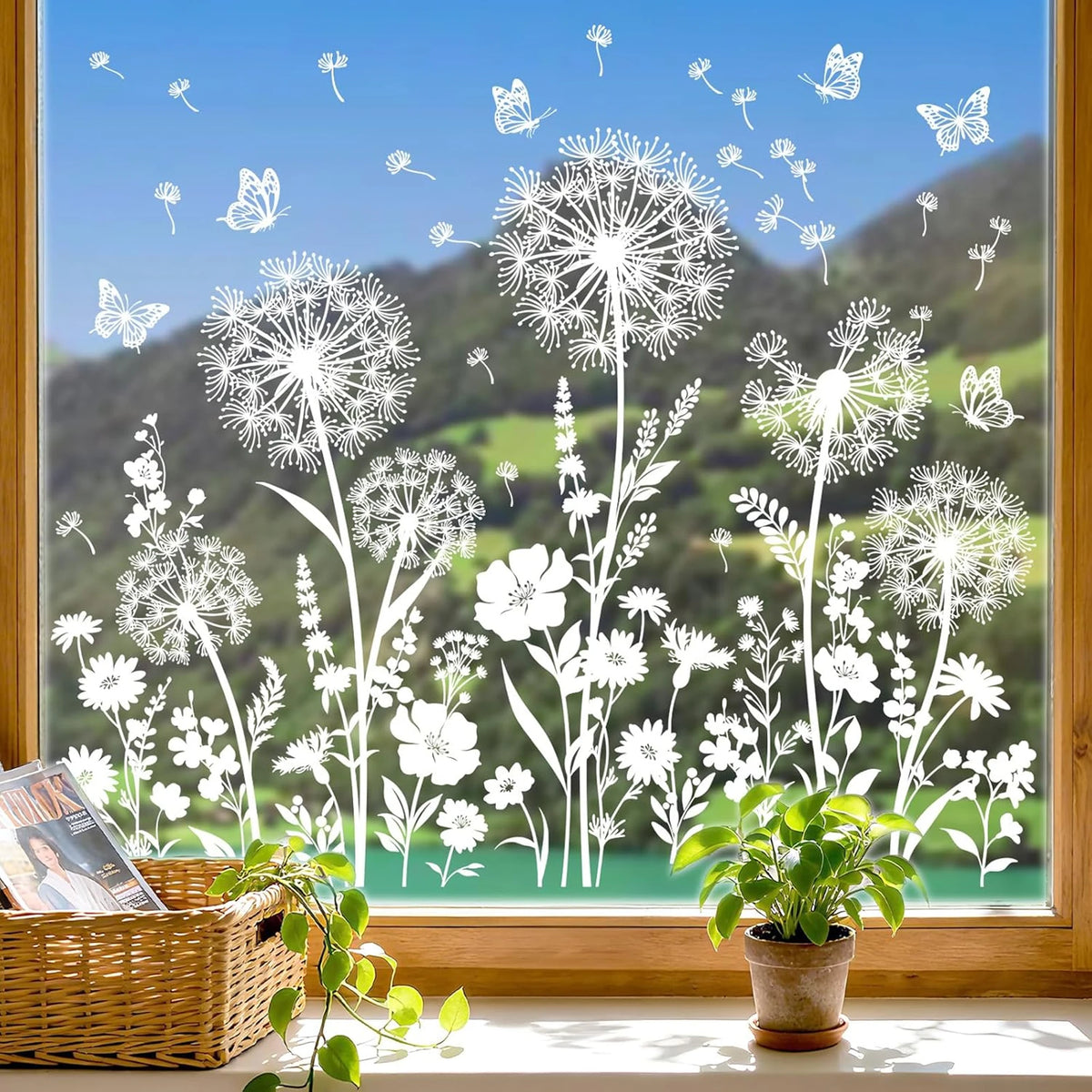 décoration fenêtre autocollant pissenlit fleurs papillons champêtre floral 40x60cm translucent blanc vert