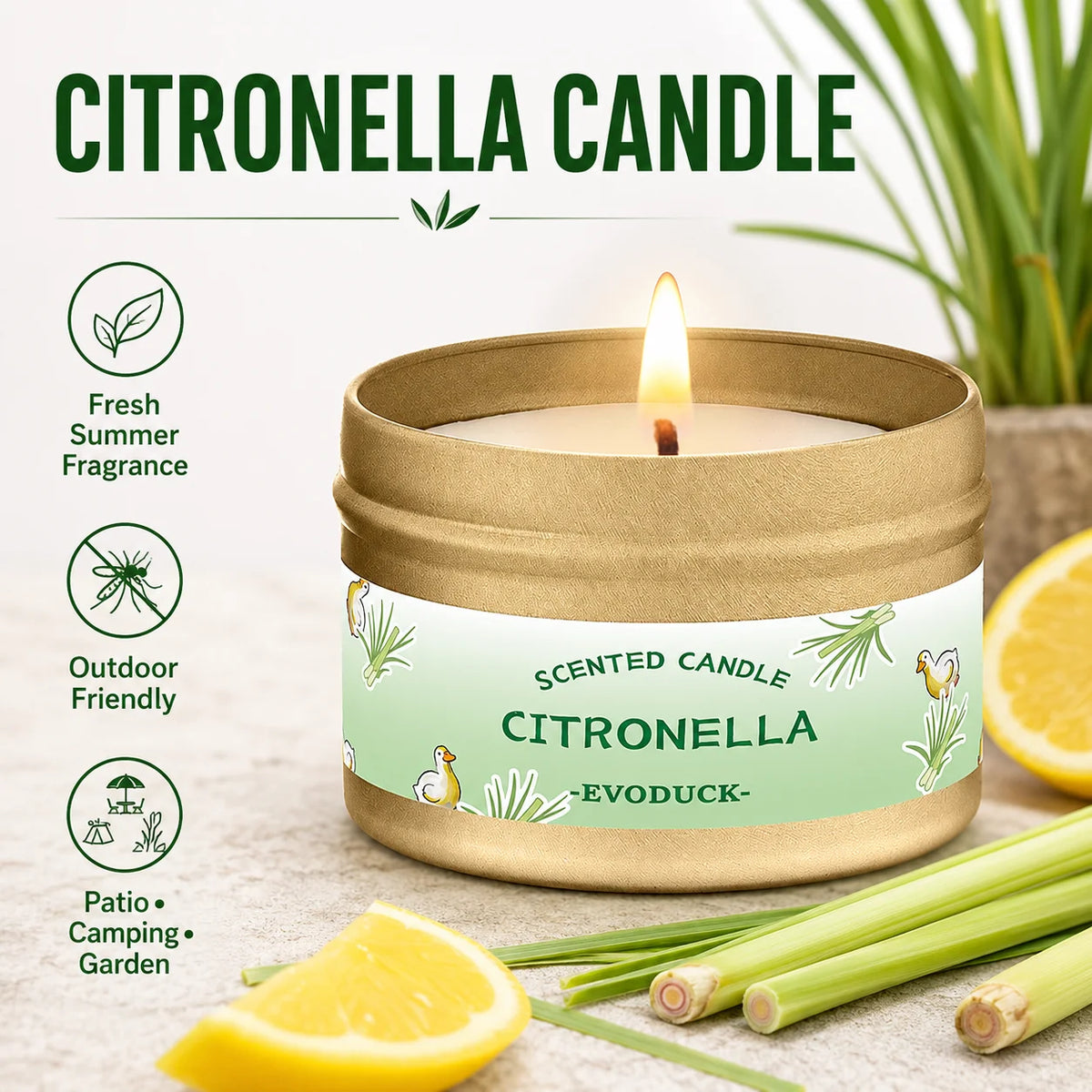 bougie parfumée citronnelle motif floral blanc vert clair contemporain coton boîte métallique patio jardin