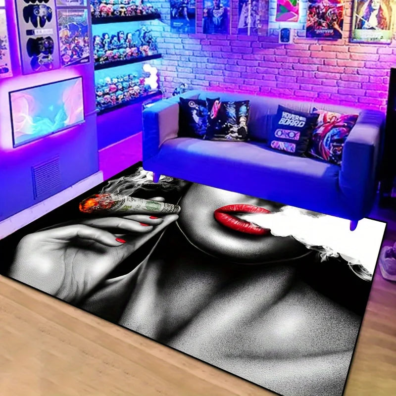 tapis artistique noir blanc lèvres rouges fumée dollars entrée maison salonhôtel campement voyage porteintérieur