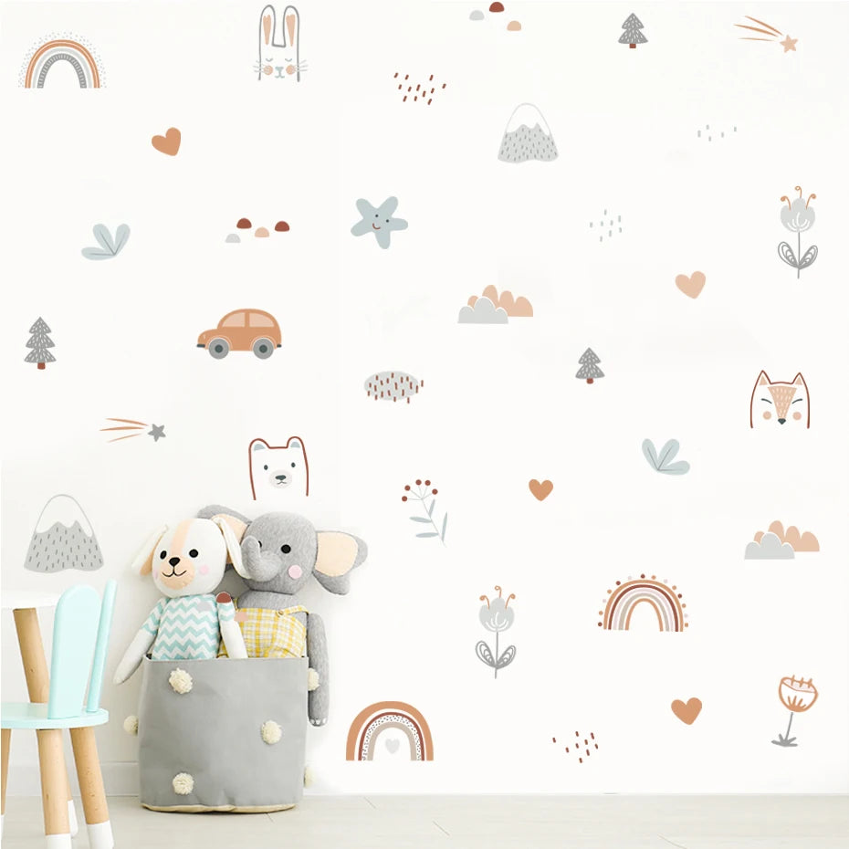 Stickers muraux animaux nuages arc ciel chambre enfant décoration bohème illustrative