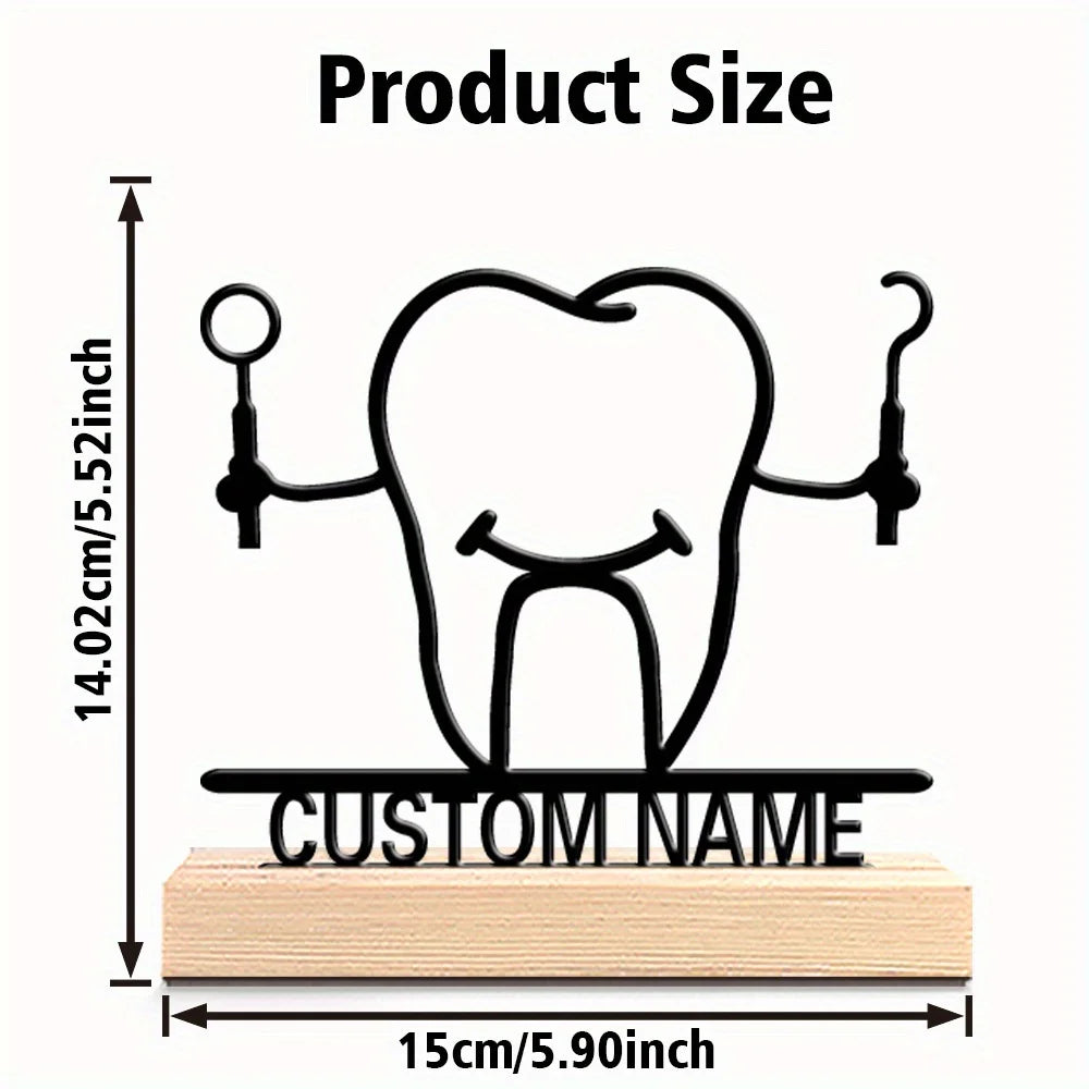 décoration dentaire personnalisée silhouette dent outils texte gravé base bois moderne minimaliste amusante