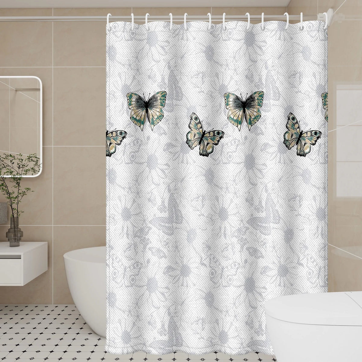 rideau douche moderne papillons colorés blanc vert noir opacité polyester texturé