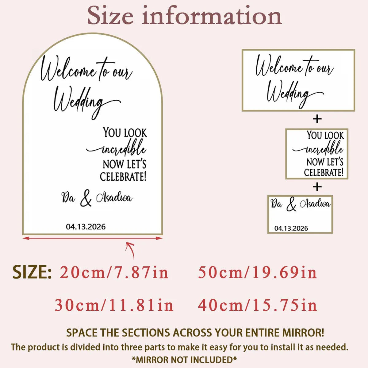 sticker personnalisable blanc noir lettrage classique miroir mariage texte opaqué 20cm 30cm 40cm 50cm
