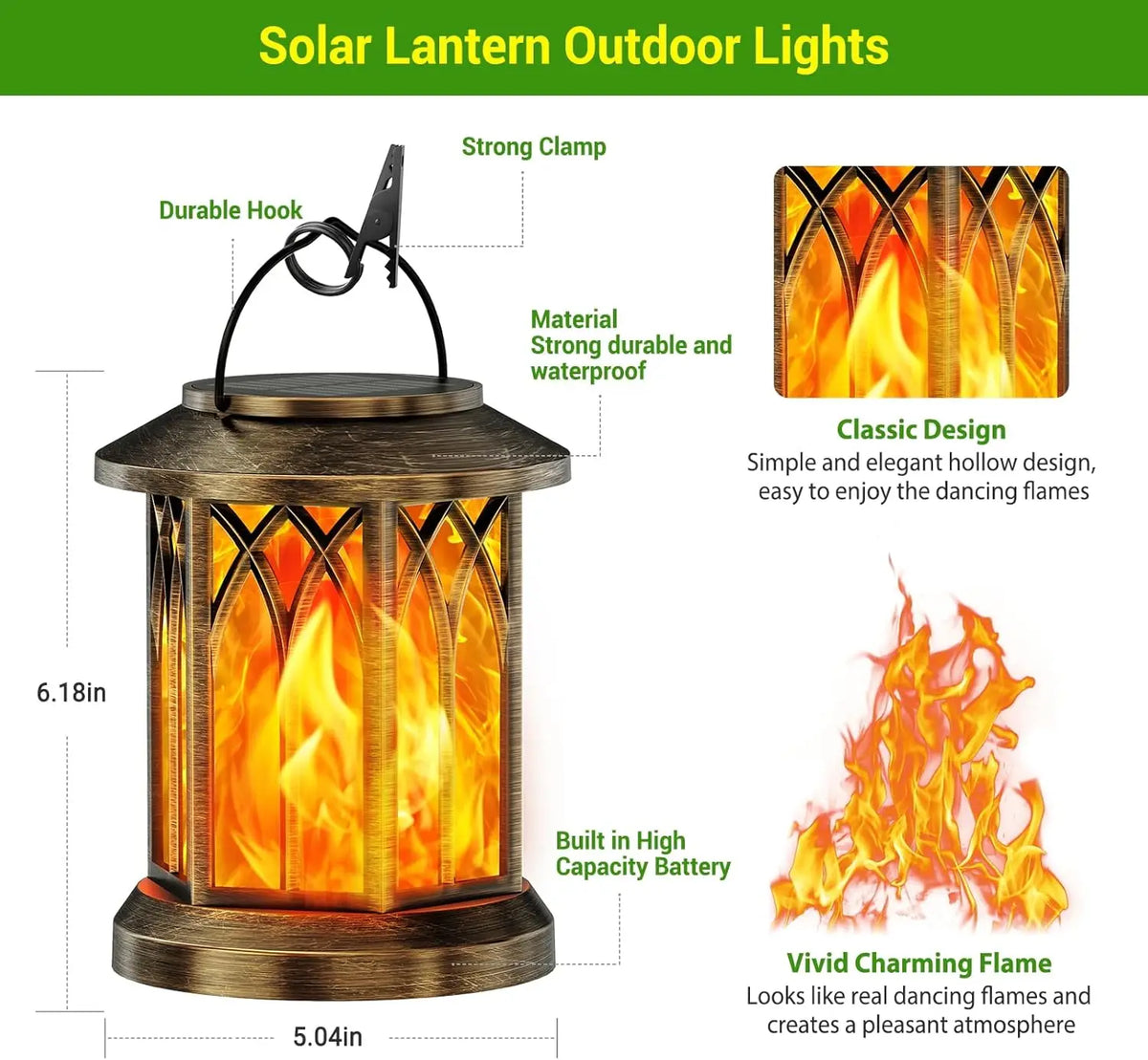 lanterne solaire extérieure bronze effet flamme gothique support mural classique rustique