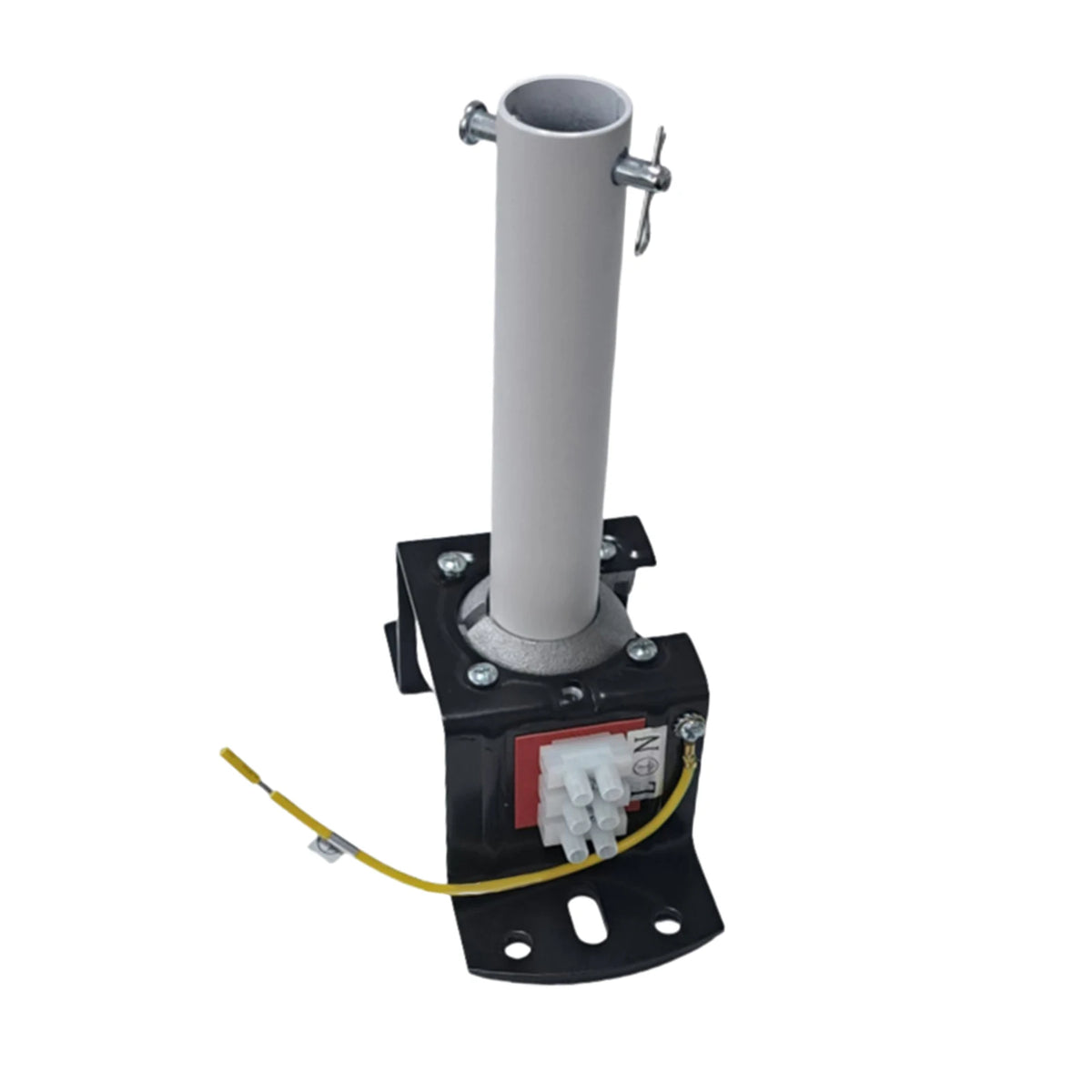 support ventilateur gris noir industriel fixations vis base carrée connecteur électrique câble Jaune