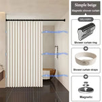 rideau douche pliable blanc rayures verticales clips magnétiques polyester tufté moderne salle bain