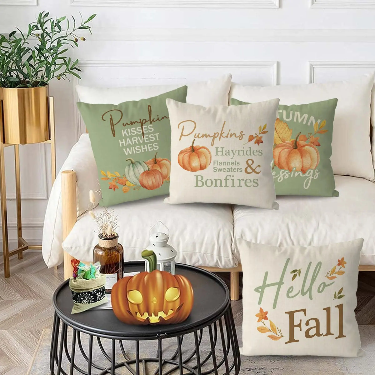 taies d'oreiller automnales motif feuilles pommes zipper beige vert clair respectueux environnement decoratif saisonnier
