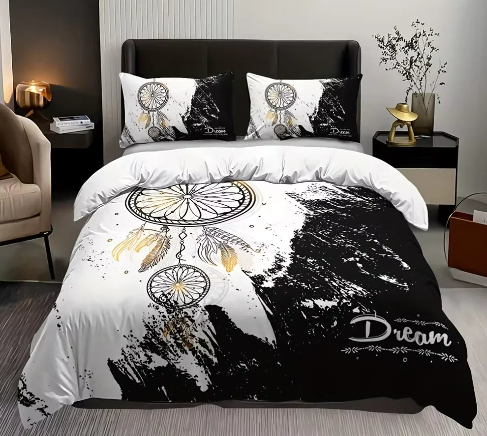 ensemble literie motif ethnique blanc noir plumes dorées housses couette deux taies oreillers abstrait