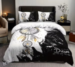 ensemble literie motif ethnique blanc noir plumes dorées housses couette deux taies oreillers abstrait