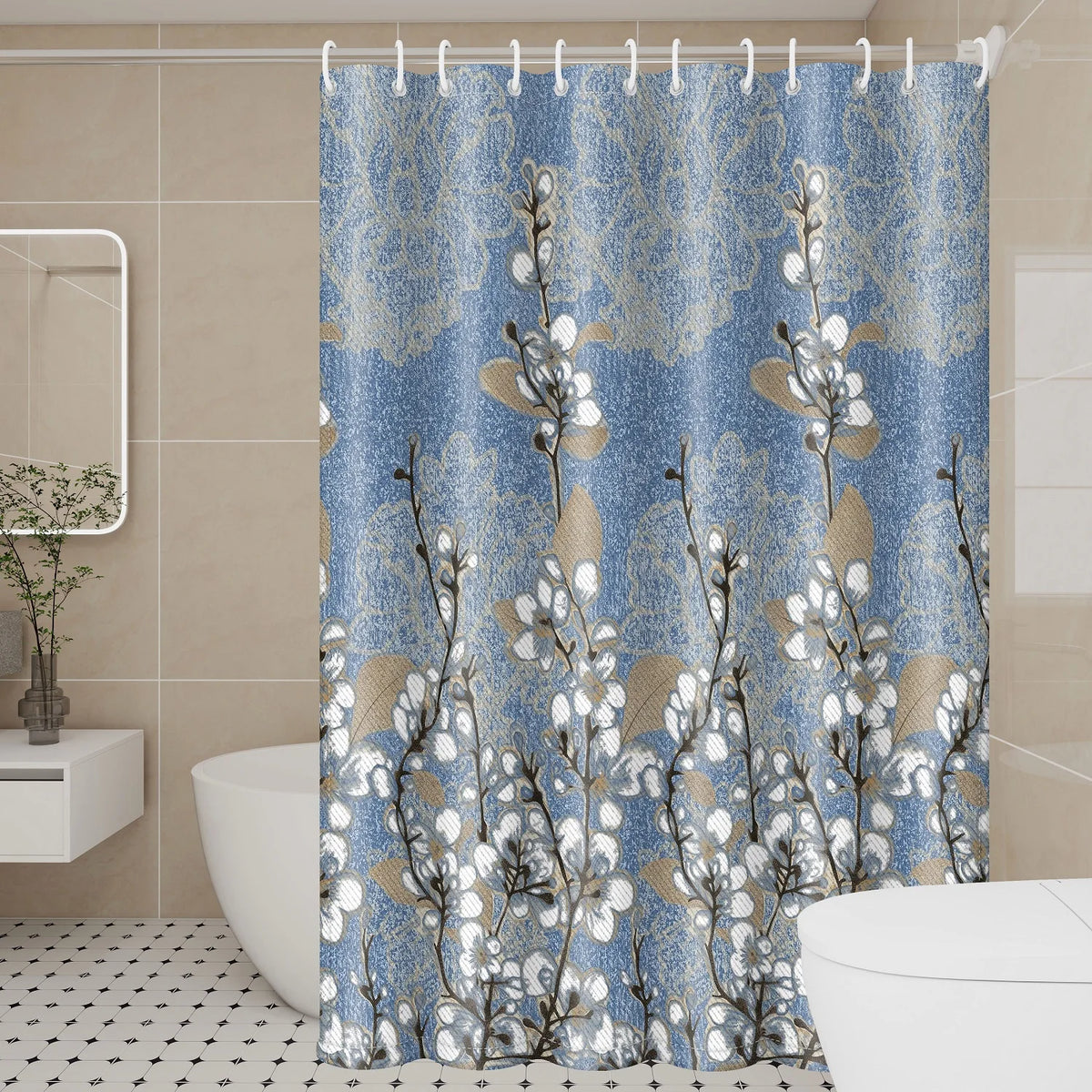 rideau douche moderne fleurs blanches bleu clair polyester texturé respectueux environnement suspension