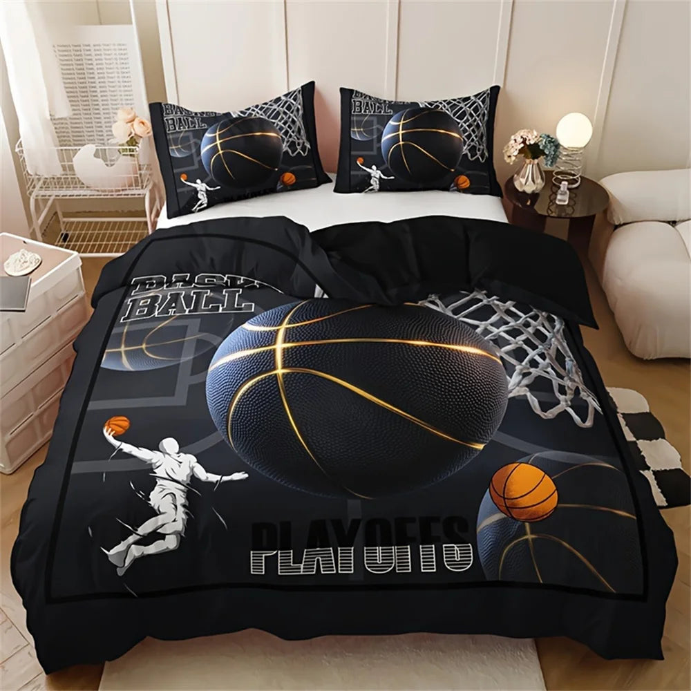 ensemble literie moderne sportif noir or blanc motif basket ball lignes dorées playoffs 180x220cm