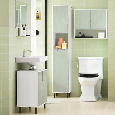 Meuble de salle de bain étroit vert clair avec panier à linge intégré vue d'ensemble