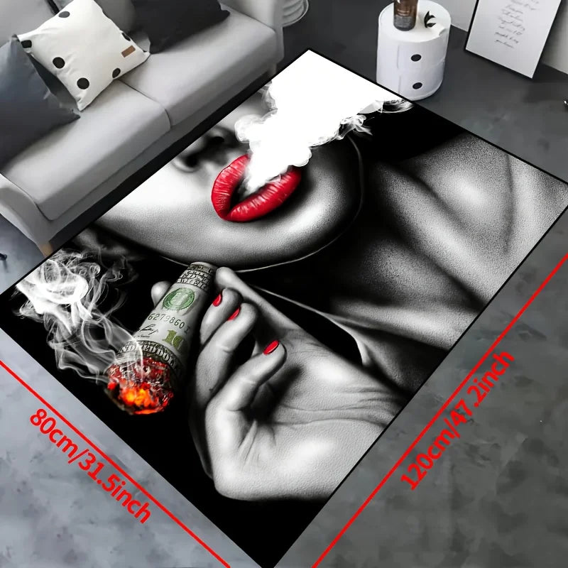 tapis artistique noir blanc lèvres rouges fumée dollars entrée maison salonhôtel campement voyage porteintérieur