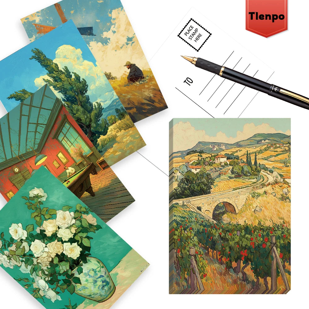cartes postales peinture l'huile paysages fleurs motifs colorés décoration collection souvenirs chambre bleu vert