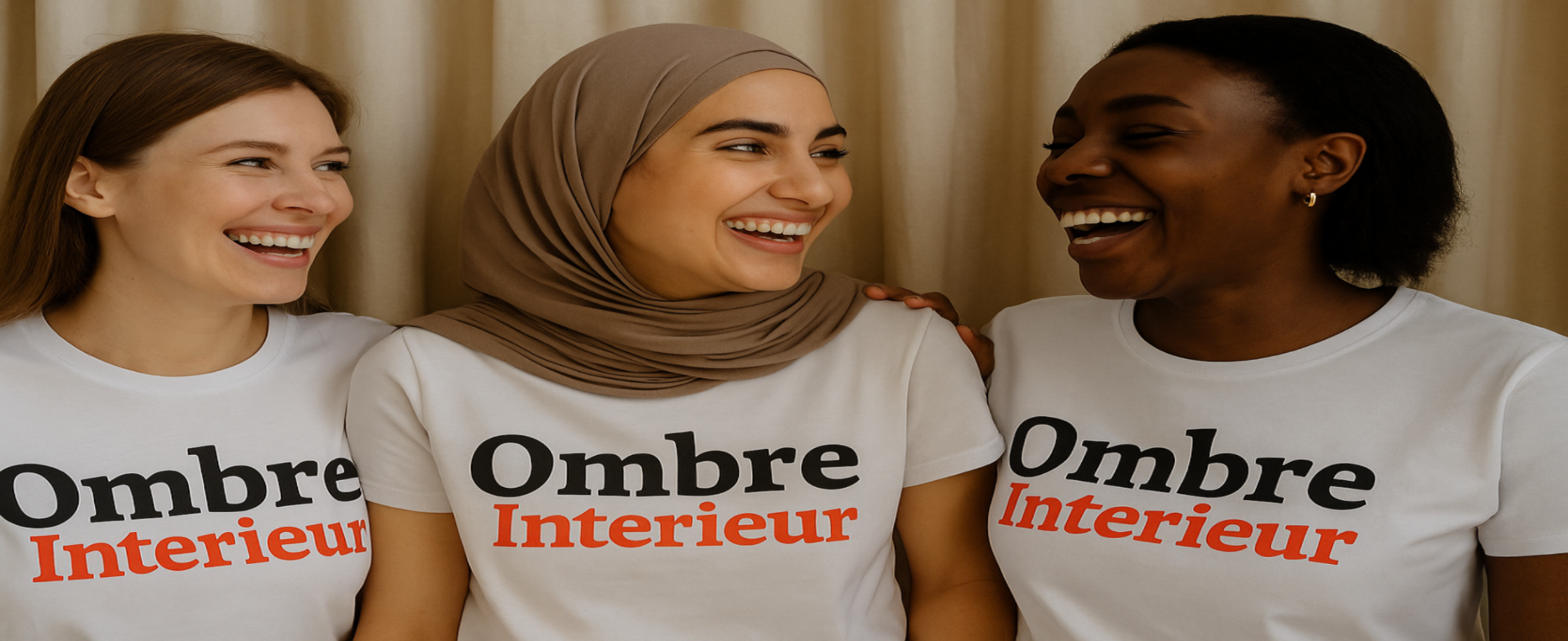 Trois femmes souriantes de différentes origines — européenne, arabe et africaine — posent devant un rideau en portant un t-shirt blanc avec le logo "Ombre Intérieur", dans une ambiance chaleureuse et complice.