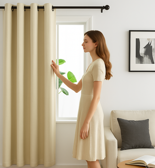 Une femme élégante en robe beige touche un rideau beige dans un salon moderne lumineux avec canapé crème et coussin gris, près d’une fenêtre encadrée de verdure.