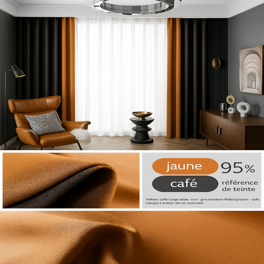 Rideau jaune et café occultant à ruflette, style contemporain avec zoom sur la texture du tissu et indication de teinte 95%.
